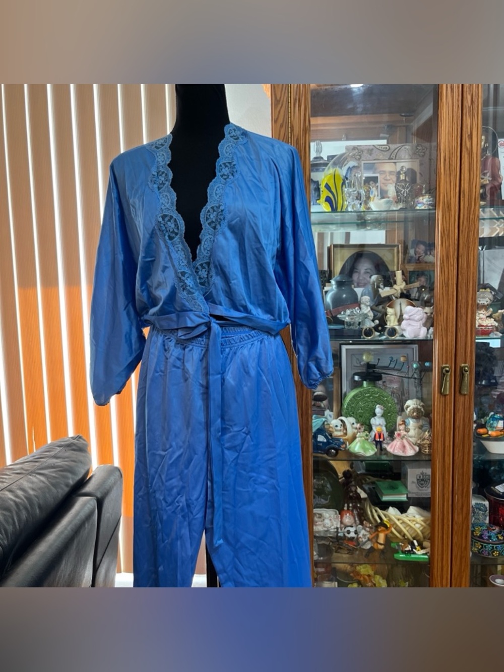 2 piece Women's Blue Lace-Trim Satin pajama set with Waist Tie